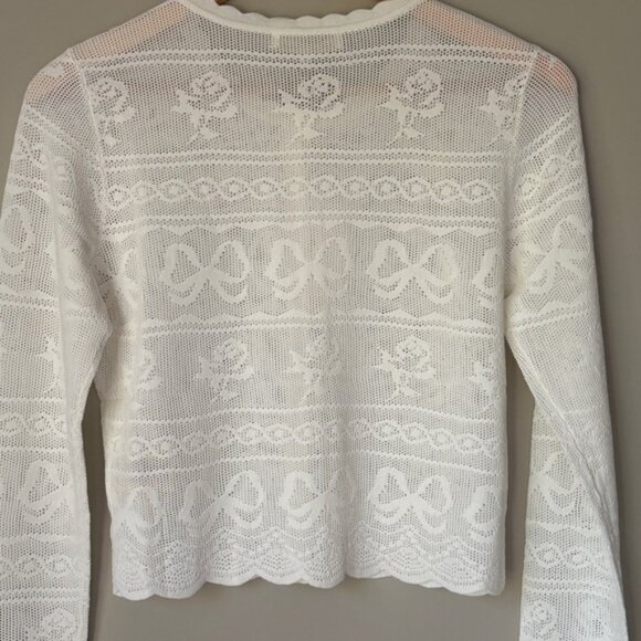 NWT Loveshackfancy Gretta Pointelle Knit Bow Cardigan Ivory White | S - Picture 12 of 13